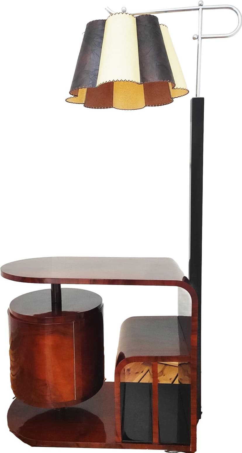 Floor lamp with side table, brown wood, black metal, by J. Halabala, UP Závody, Czechoslovakia, 1960s.