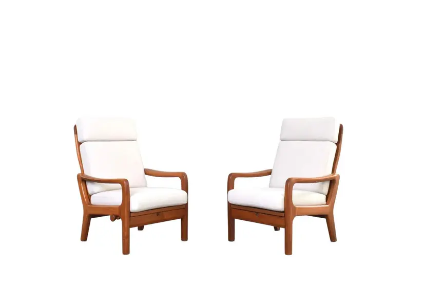 Para foteli, teak brązowy, bawełna beżowa, proj. J. Kristensen, Glostrup Møbelfabrik, Dania, lata 60.