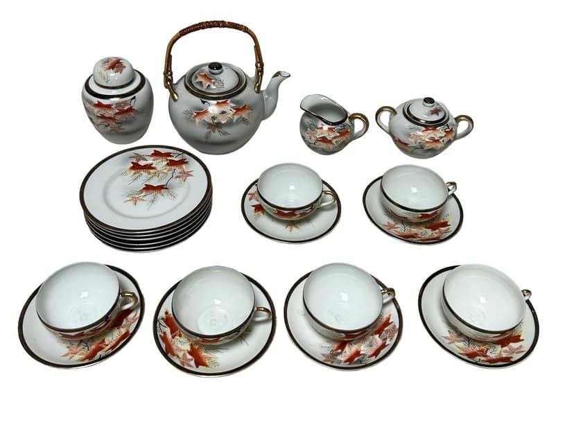 Zestaw porcelanowy, motyw Gejsza, biały porcelana, bambus brązowy, Japonia, lata 70.