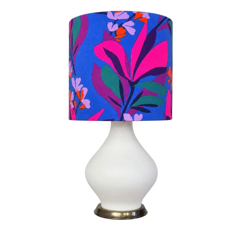 Table lamp, opal white glass, brass metal, multicolor fabric, Germany, 1970s.