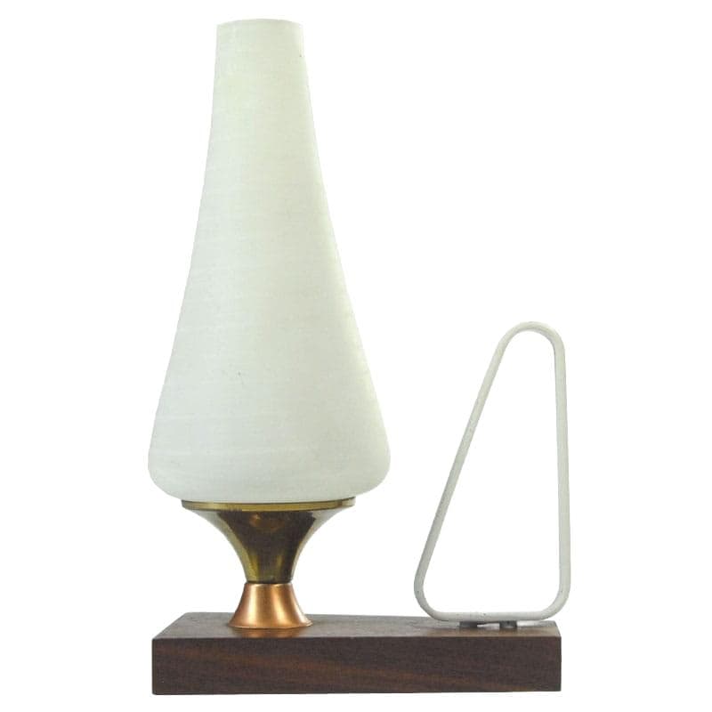 Lampka stołowa mid-century, teak brązowy, szkło biały, lata 60.