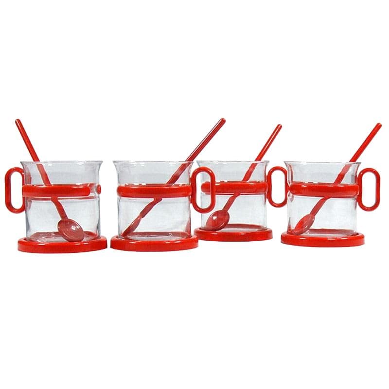 Zestaw herbaciany Memphis, szkło transparentne, plastik czerwony, Randwyck, Holandia, lata 80.