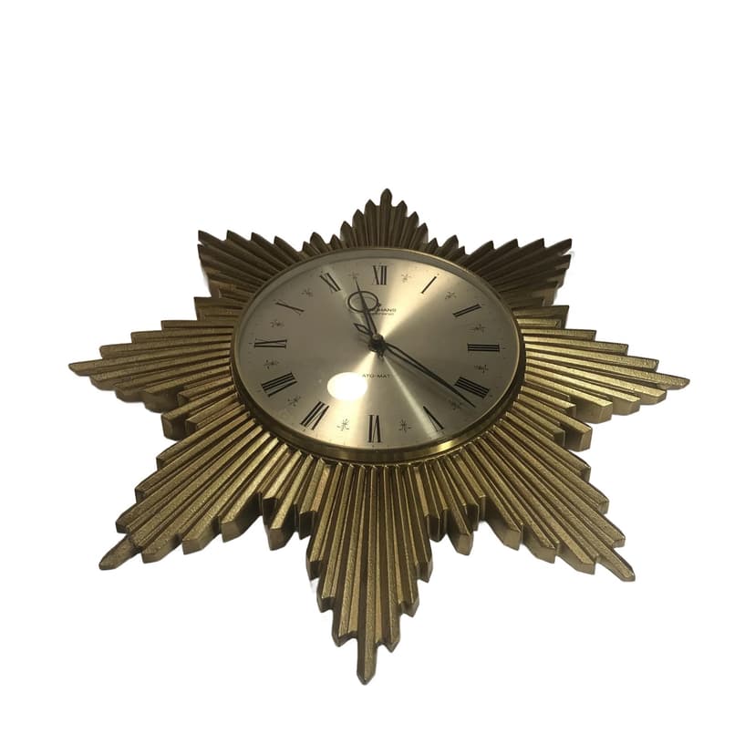 Zegar ścienny starburst, złoty, tworzywo, Junghans, Niemcy, lata 70.