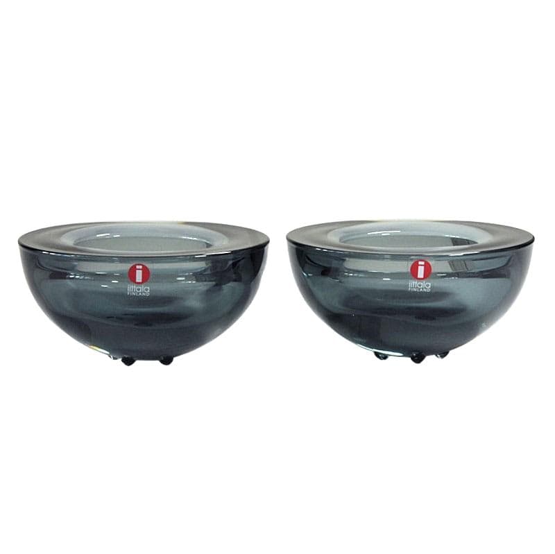 Para świeczników Ballo, szkło szary niebieski transparentny, proj. A. Hakatie, Iittala, Finlandia, lata 70.