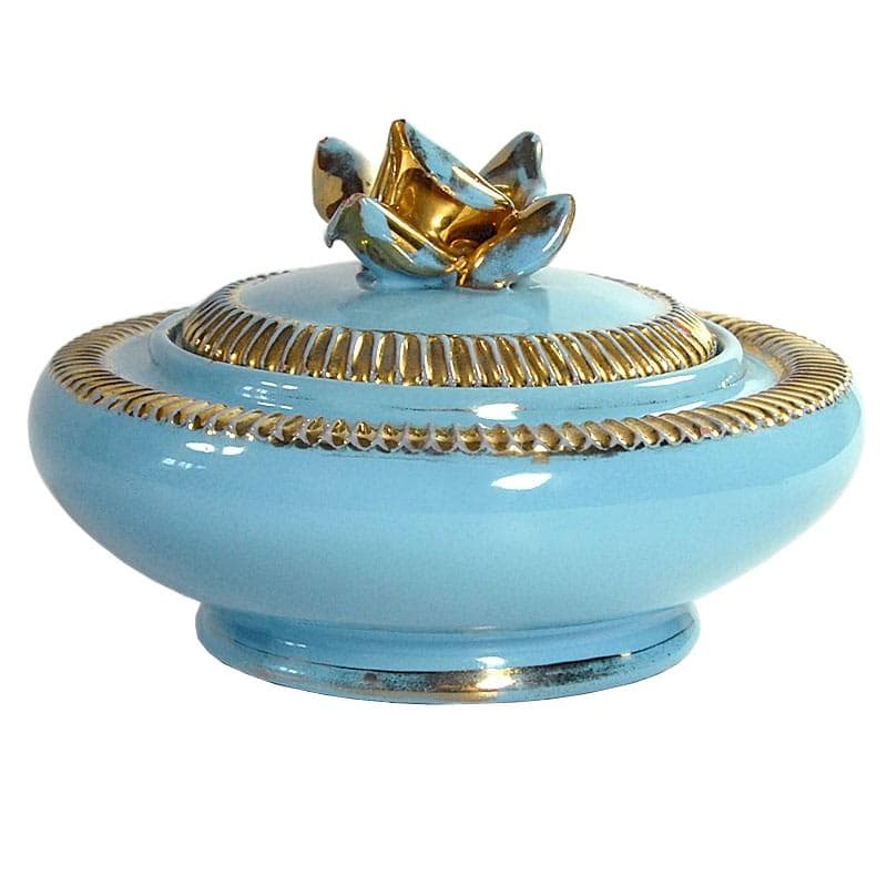 Pojemnik z przykrywką, ceramika błękitna, złocona, Galvani Ceramiche, Włochy, lata 50.