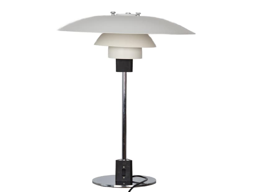 Table lamp PH 4/3, white metal, silver chrome, by P. Henningsen, Louis Poulsen, Denmark, 1970s.