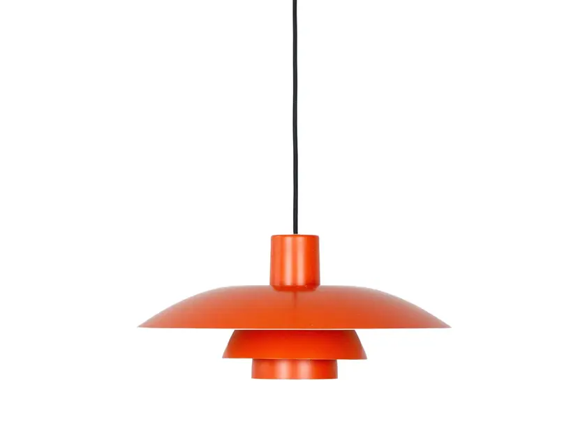 Pendant lamp PH 4/3, red orange, aluminum, by P. Henningsen, Louis Poulsen, Denmark, 1970s.