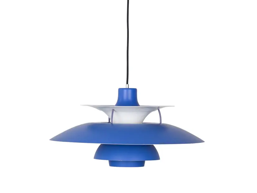 Pendant lamp PH 5, blue aluminum, by P. Henningsen, Louis Poulsen, Denmark, 1980s.