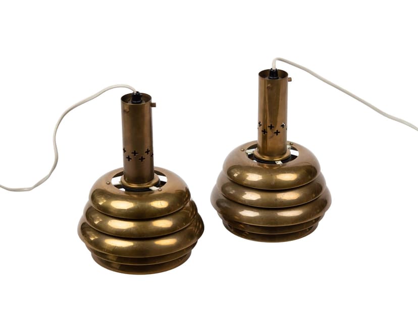 Pair of pendant lamps, gold brass aluminium, by K. Wiborg, Jeka, Sweden, 1980s.