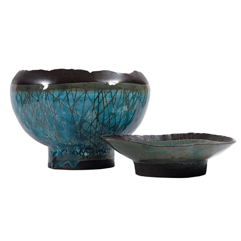 Pair of bowls, ceramic turquoise brown black, by J. Wysocka Panasiewicz, Poland, 21st c.