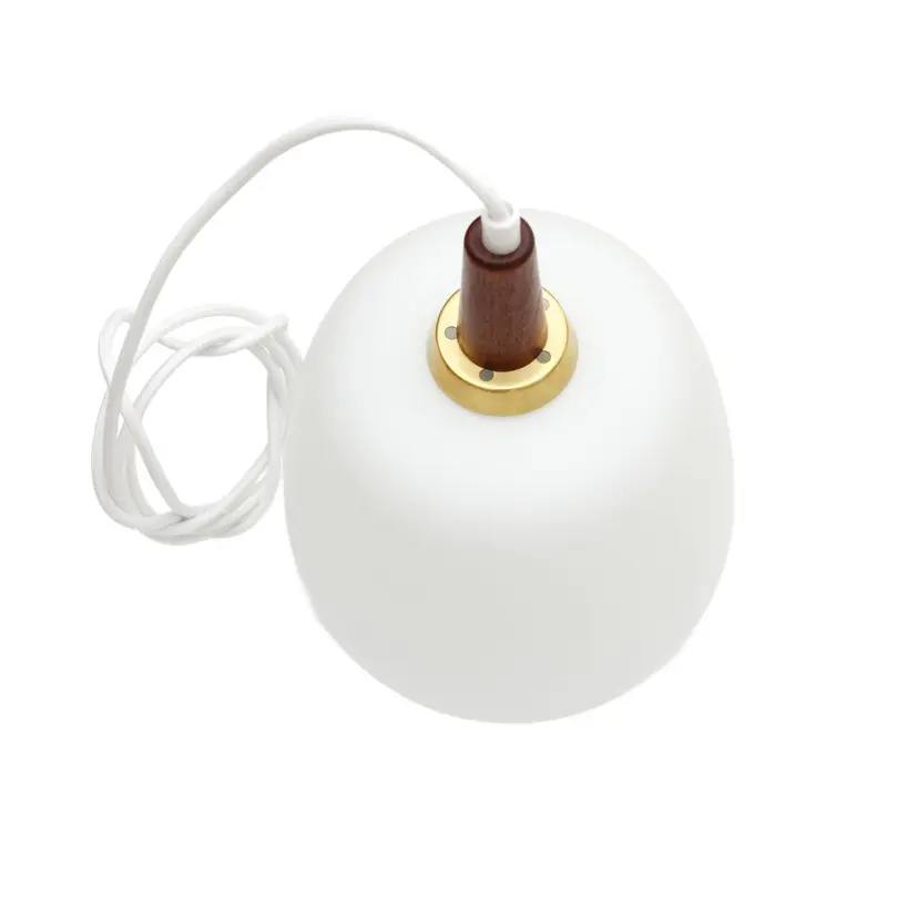 Pendant lamp, japandi, white glass, brown teak, Denmark, 1960s.