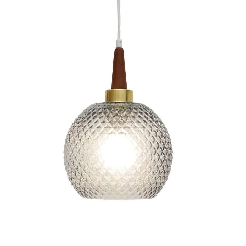Pendant lamp, grey transparent glass, teak wood, Denmark, 1960s.