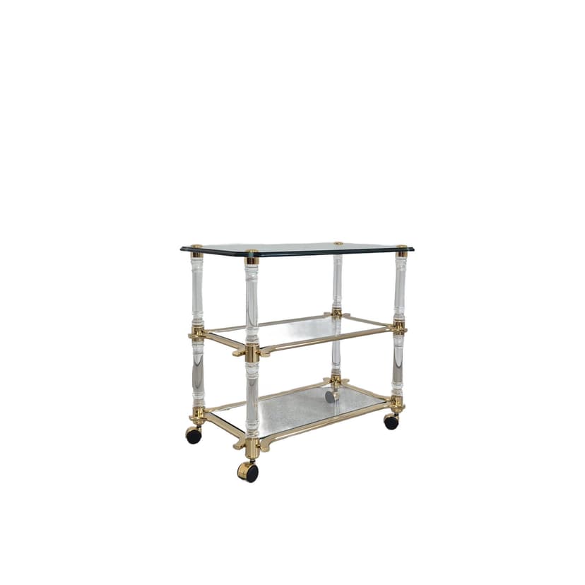 Bar Cart Hollywood Regency, transparent glass, transparent acrylic, gold-plated metal, Italy, 1960s.