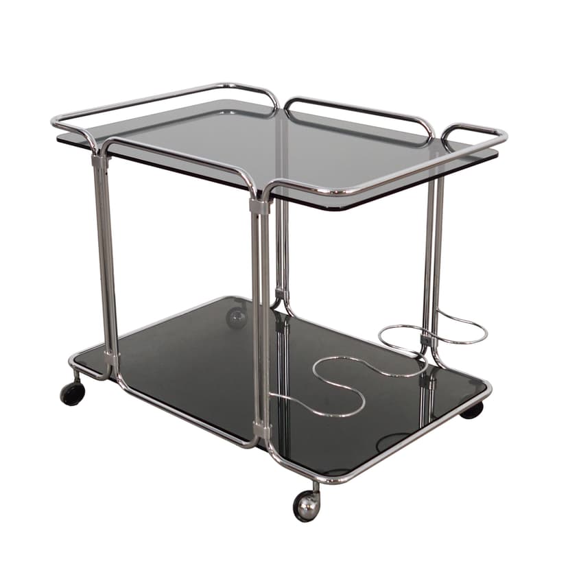 Bar cart, black glass, silver chrome, Italy, 1970s.