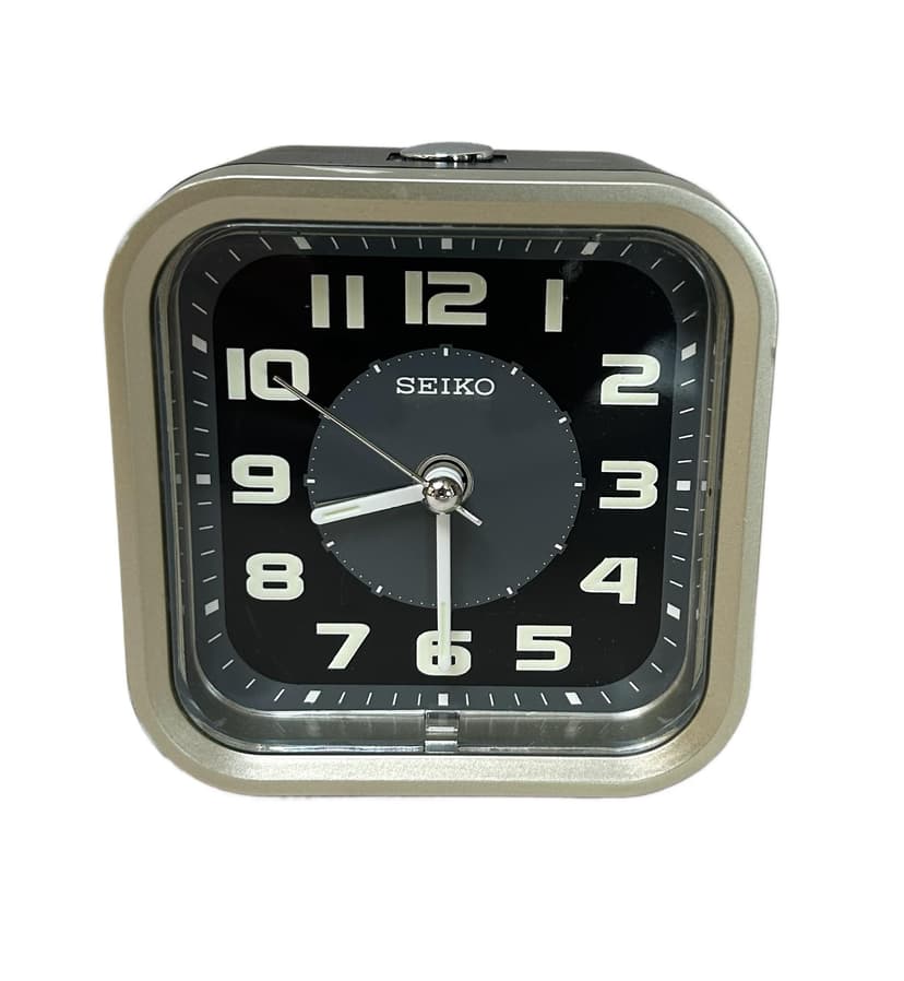 Alarm clock, silver plastic, transparent acrylic, Japan, 1980s.
