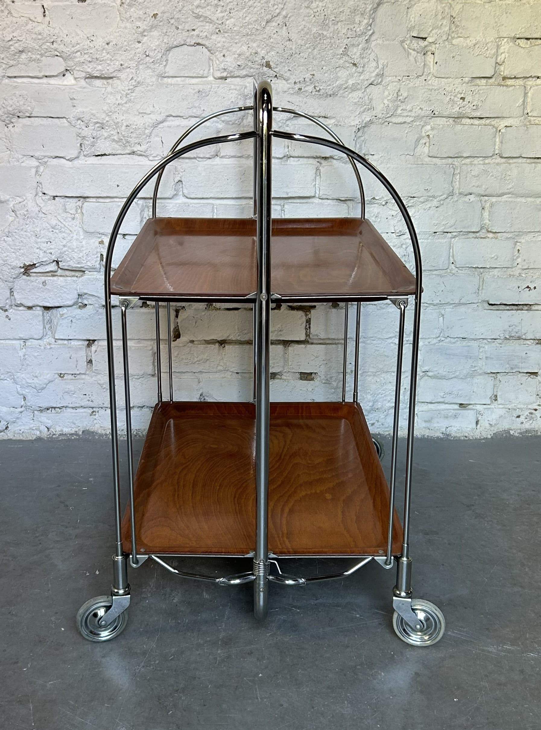 Folding bar cart, brown plywood, chrome, 1970s. - 325292