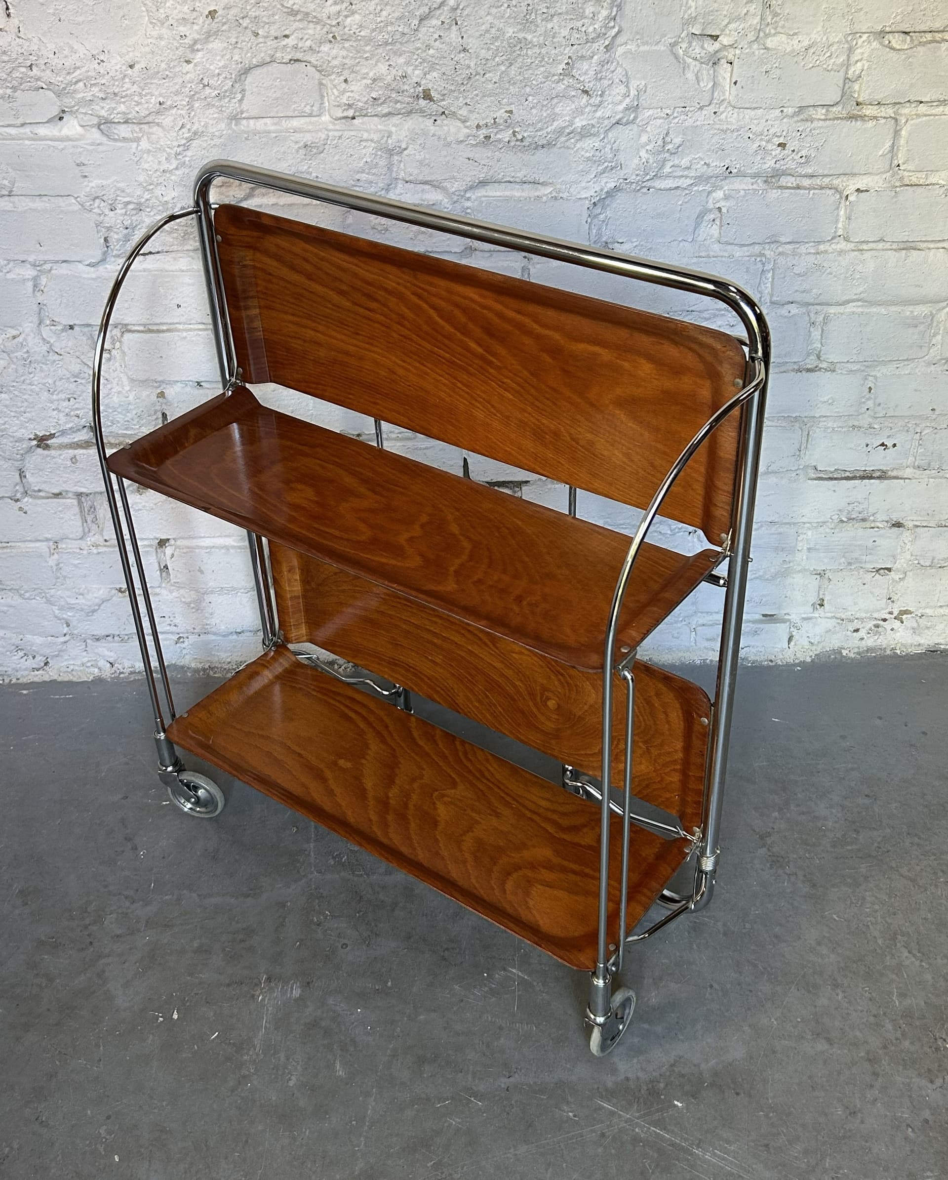 Folding bar cart, brown plywood, chrome, 1970s. - 325296