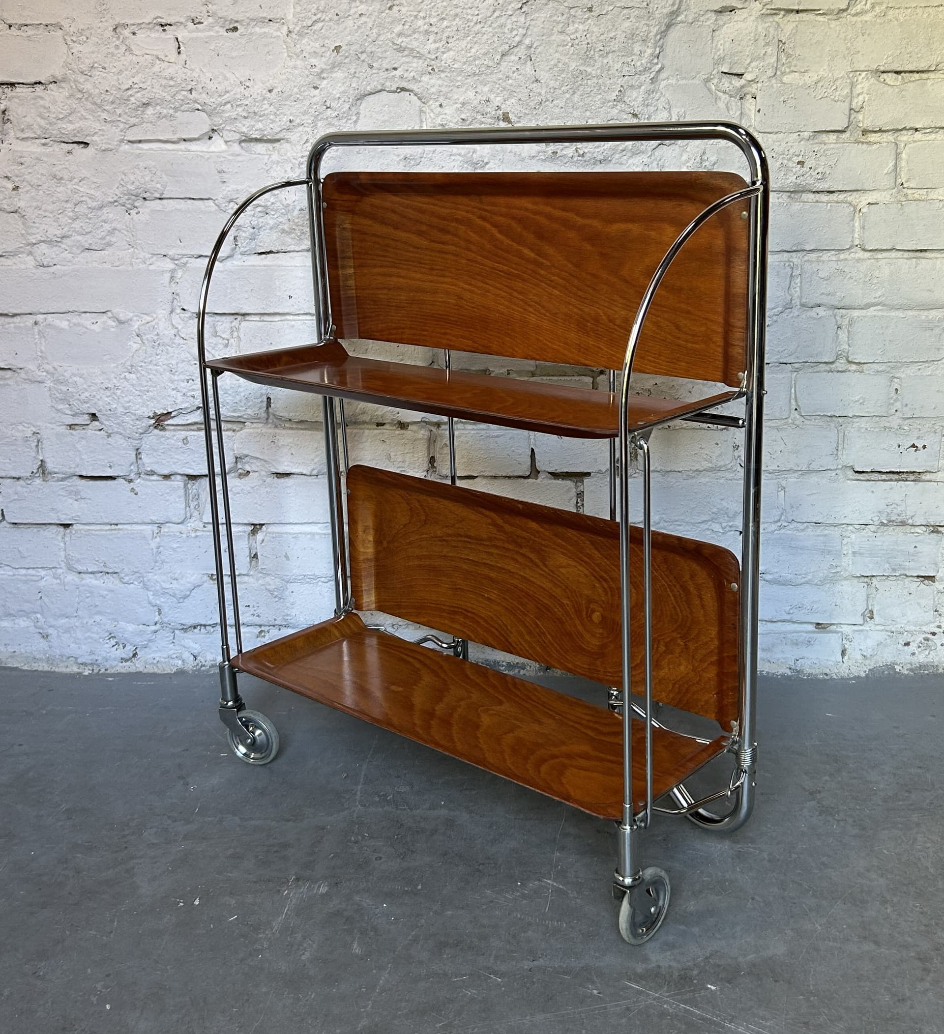 Folding bar cart, brown plywood, chrome, 1970s. - 325293