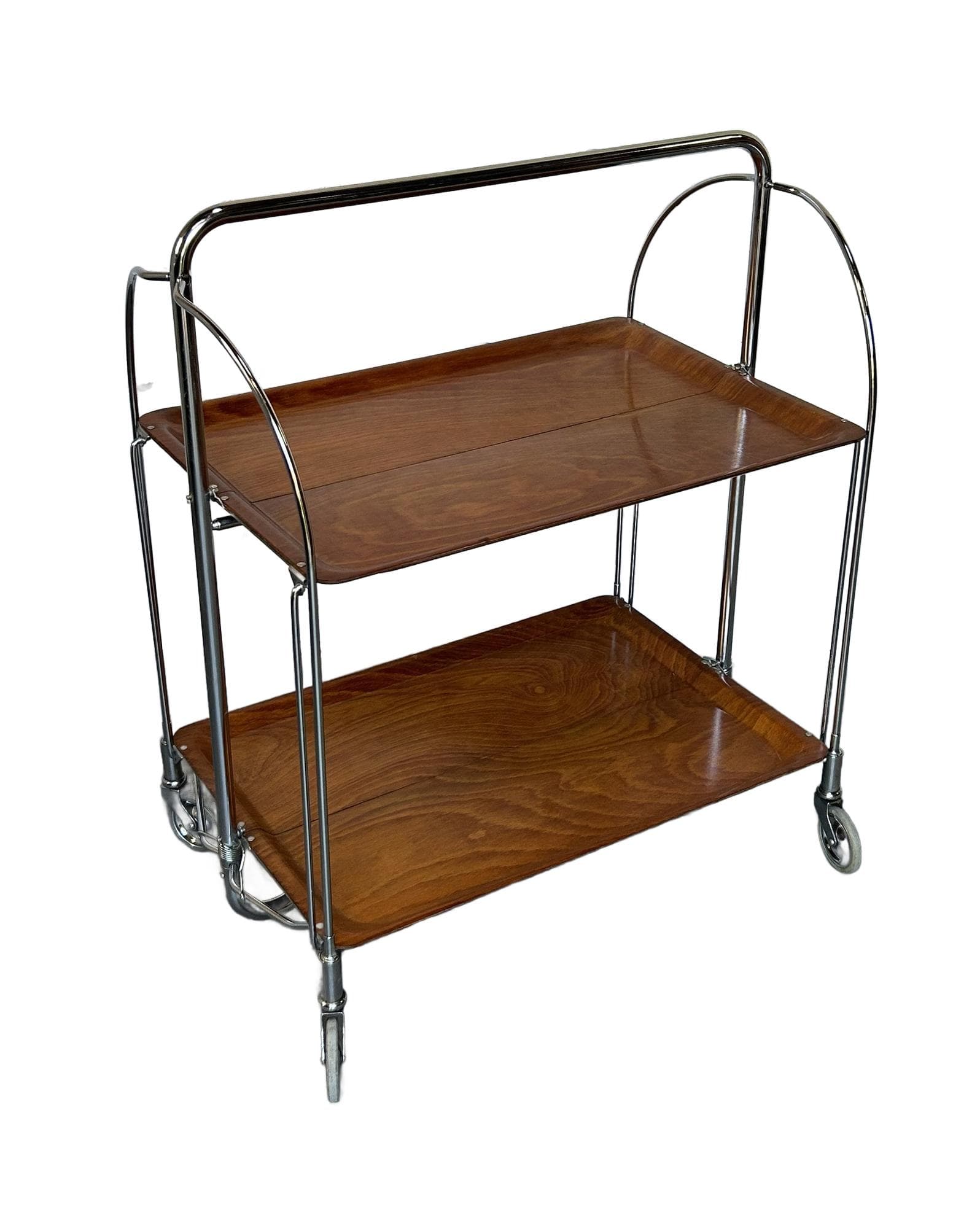 Folding bar cart, brown plywood, chrome, 1970s.