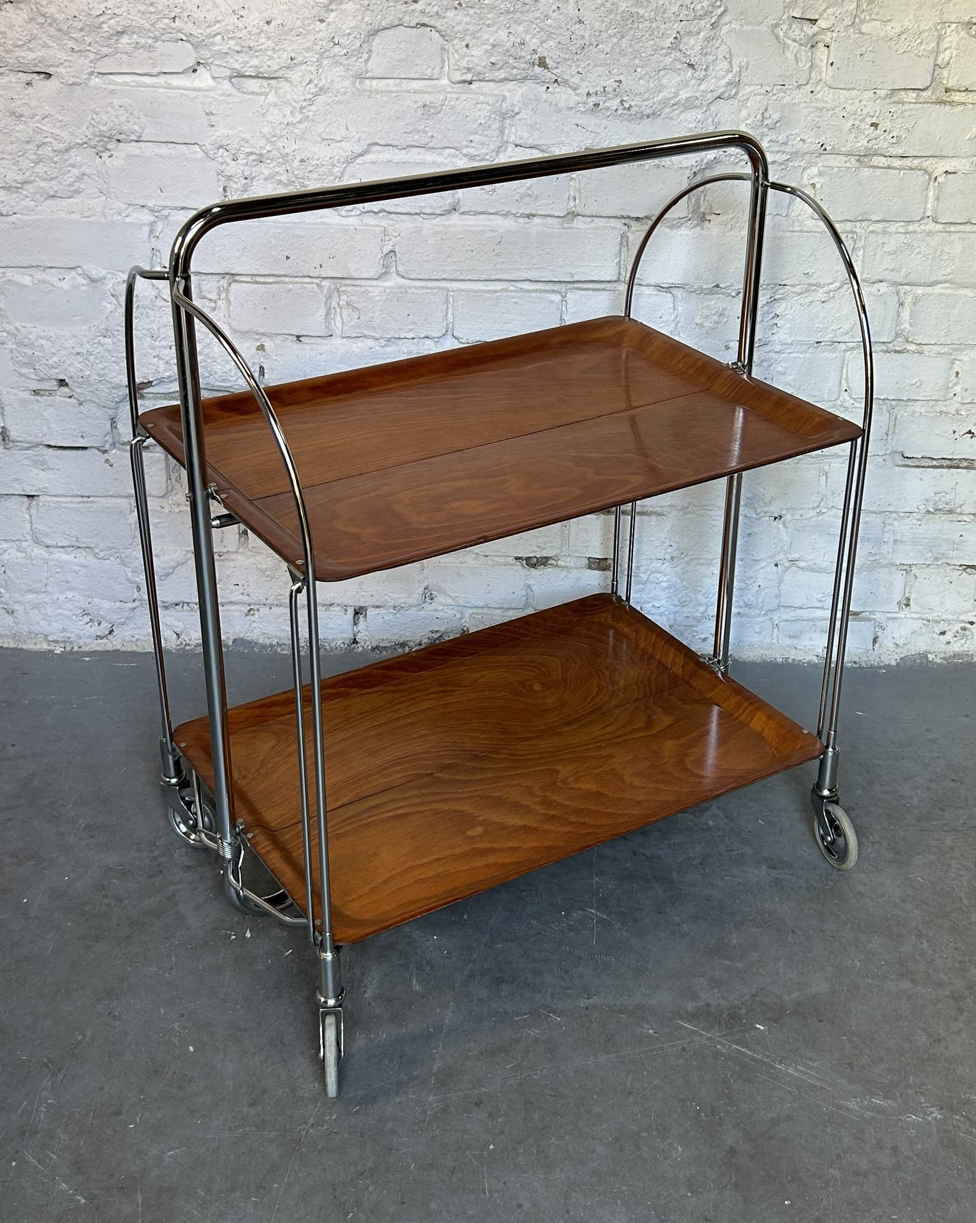 Folding bar cart, brown plywood, chrome, 1970s. - 325298