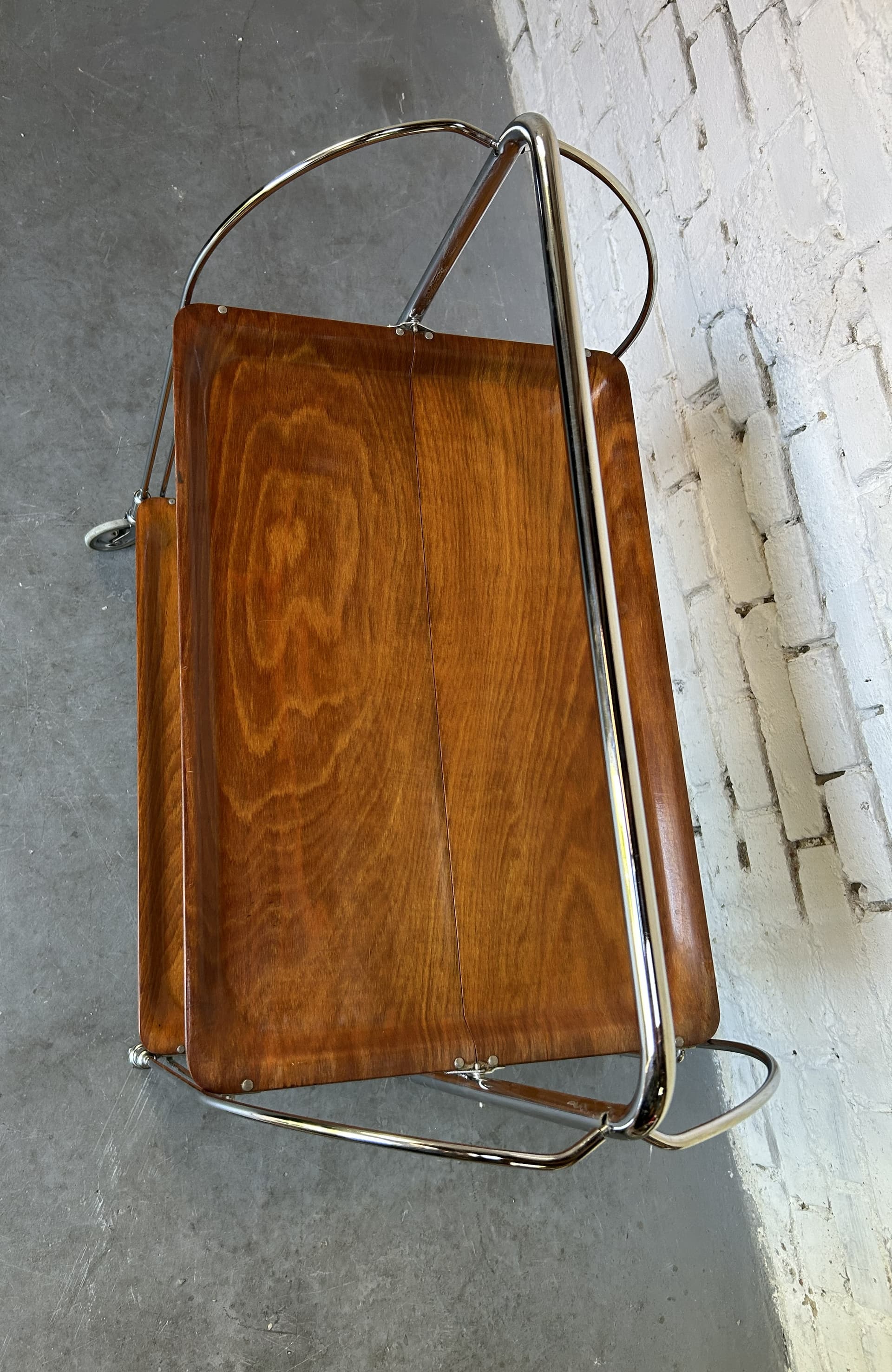Folding bar cart, brown plywood, chrome, 1970s. - 325300