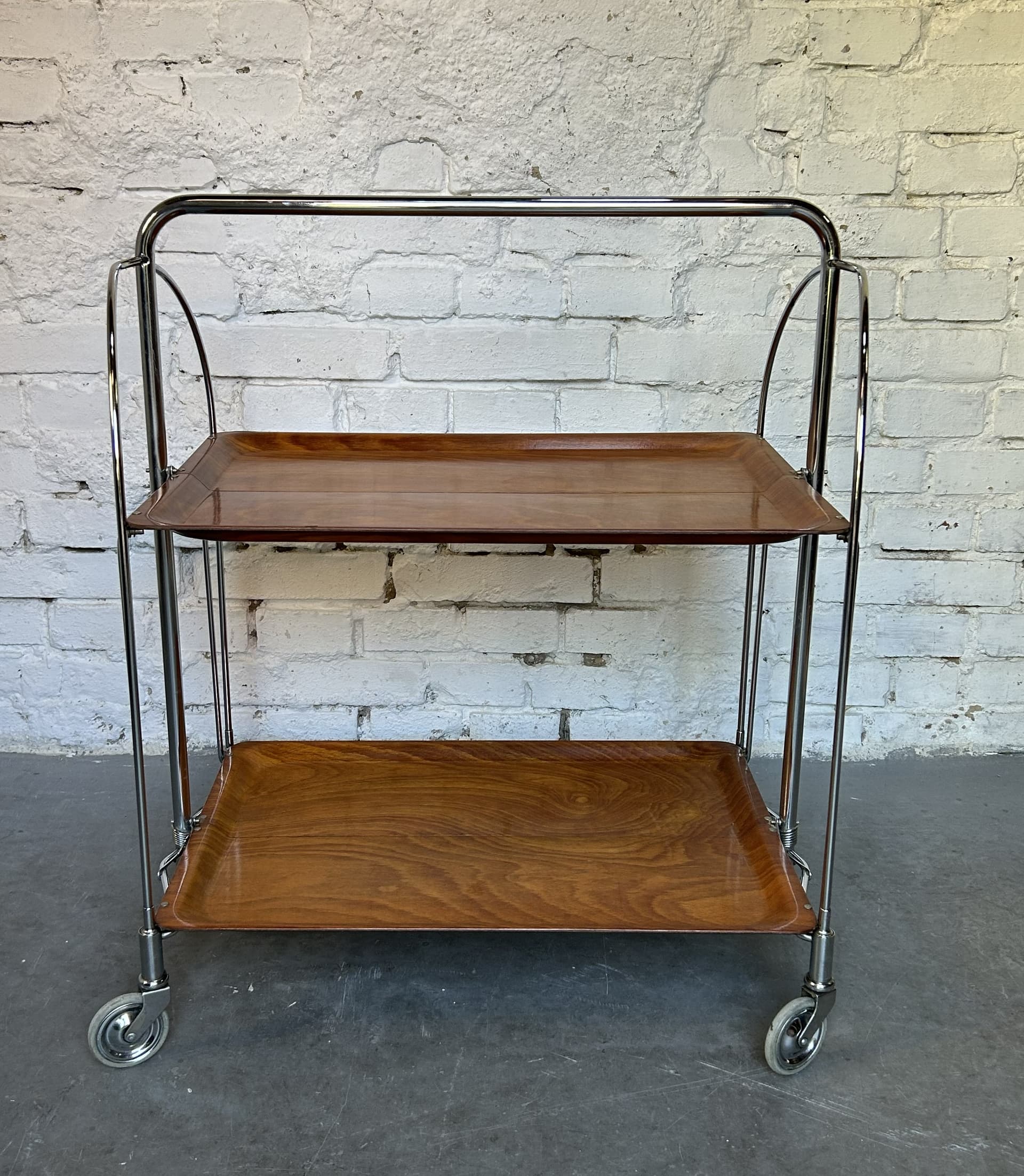 Folding bar cart, brown plywood, chrome, 1970s. - 325297