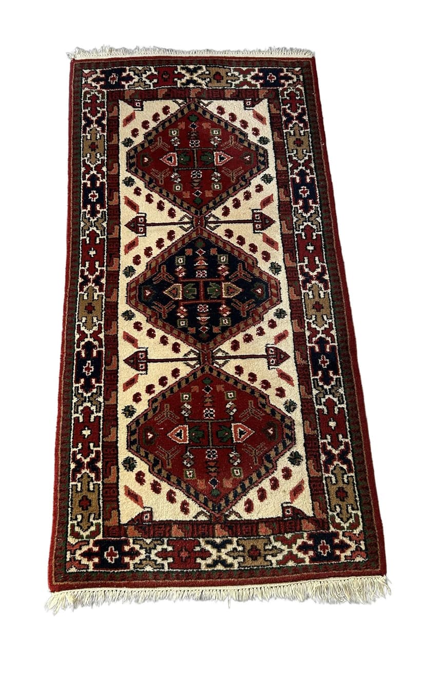 Dywan perski 140x71 cm, czerwony kremowy czarny zielony brązowy, wełna, lata 70.