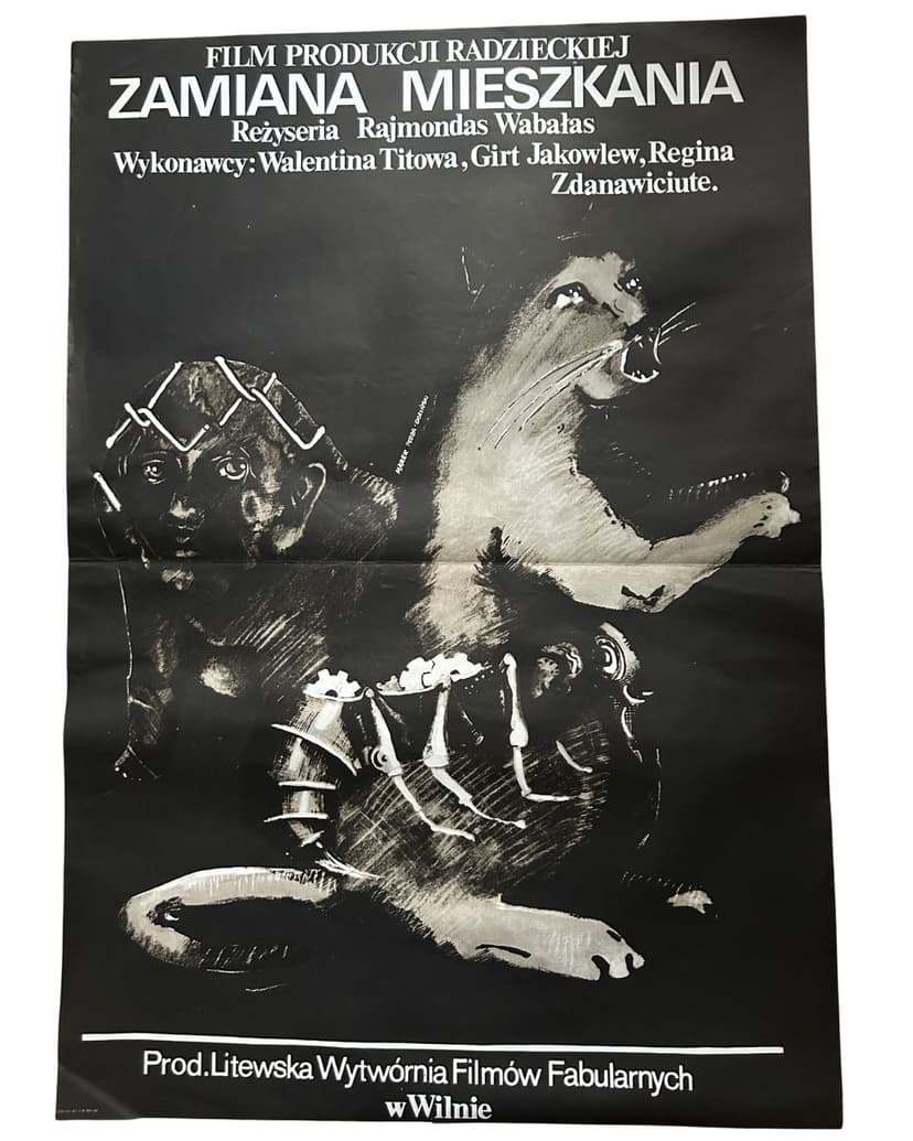 Plakat filmowy Zamiana Mieszkania, czarno-biały, papier, aut. M. Płoza Doliński, Polska, lata 70.