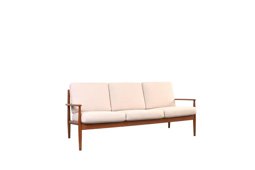 Sofa, teak brązowy, wełna beżowa, proj. G. Jalk, France & Søn, Dania, lata 60.