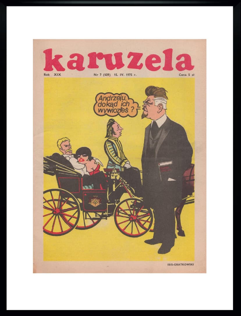 Okładka czasopisma KARUZELA, 30x40 cm, papier żółty, plexi czarna, aut. I. Gratkowski, Polska, lata 70.