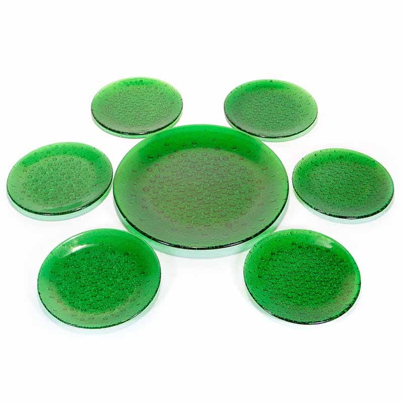 Set of plates Asteroid, green soda-lime glass, by J. S. Drost, Ząbkowice, Poland, 1960s.