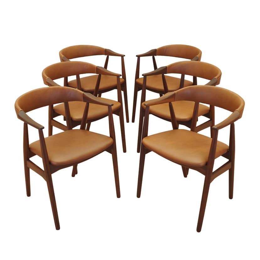 Set of six chairs, brown teak, brown leather, Denmark, 1970s.