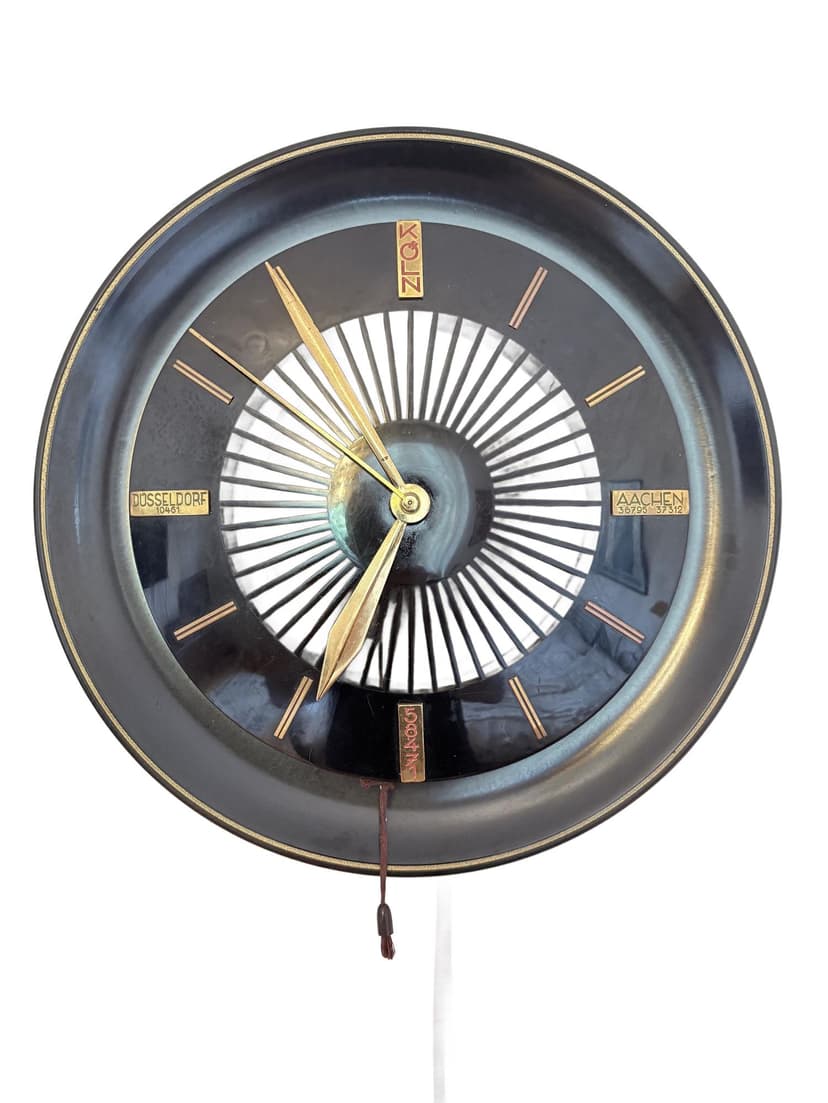 Wall Clock Speaker Heco WLU-30, black bakelite, gold brass, Germany, 1950s.