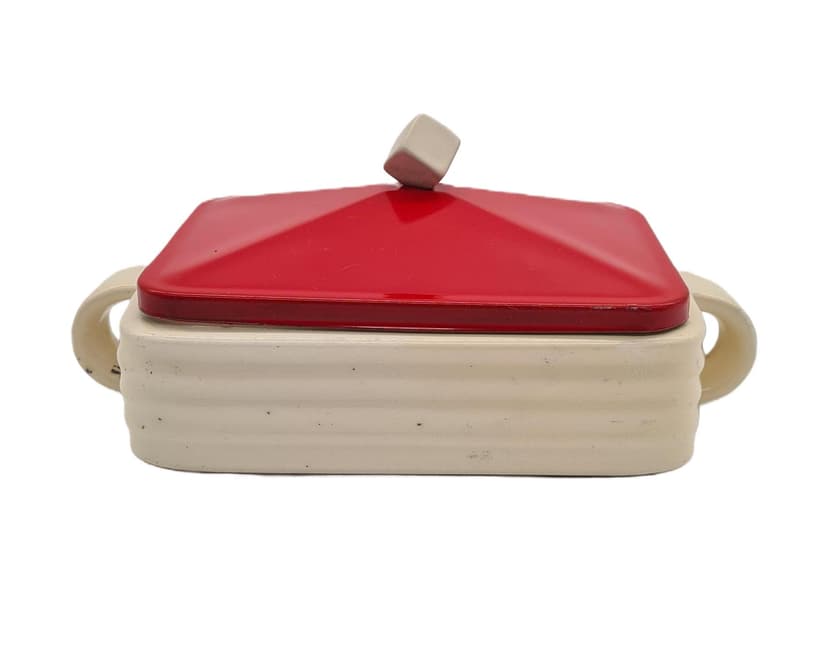 Butter Dish, cream ceramic, red metal, Europe, 1930s