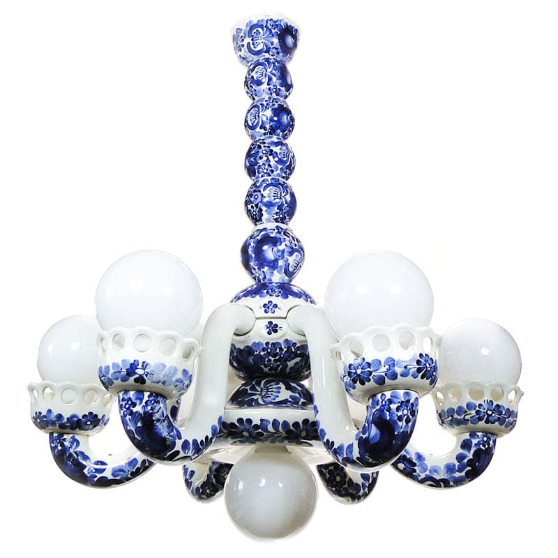 Chandelier, model 1362, white blue, faience, by A. Bisaga, Włocławek, Poland, 1950s