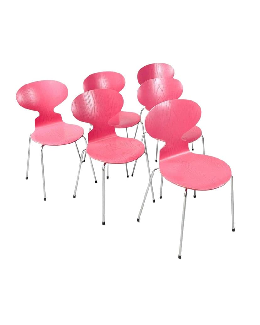 Set of six chairs Model 3101 Ant, pink plywood, chromed steel, by A. Jacobsen, Fritz Hansen, Denmark, 1970s.