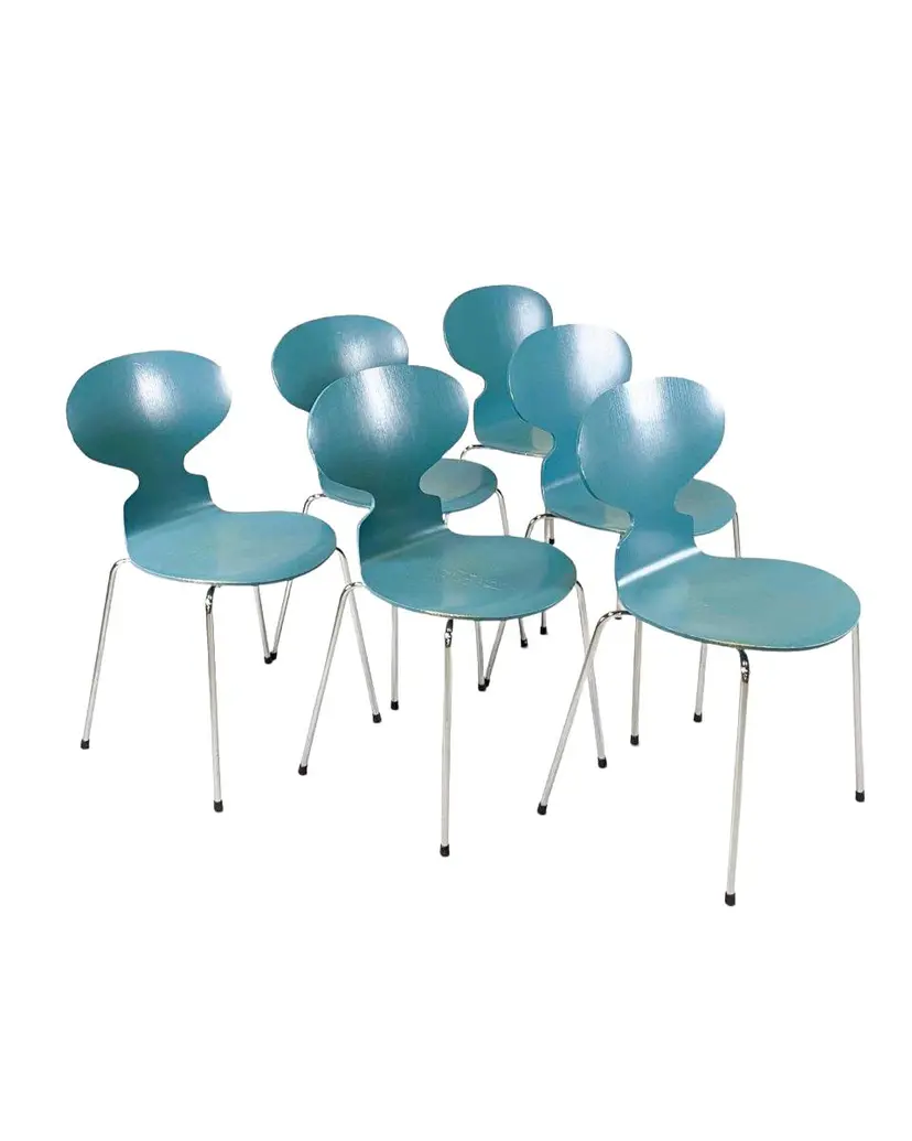 Set of six chairs Model 3101 The Ant, blue plywood, chromed steel, by A. Jacobsen, Fritz Hansen, Denmark, 1970s.