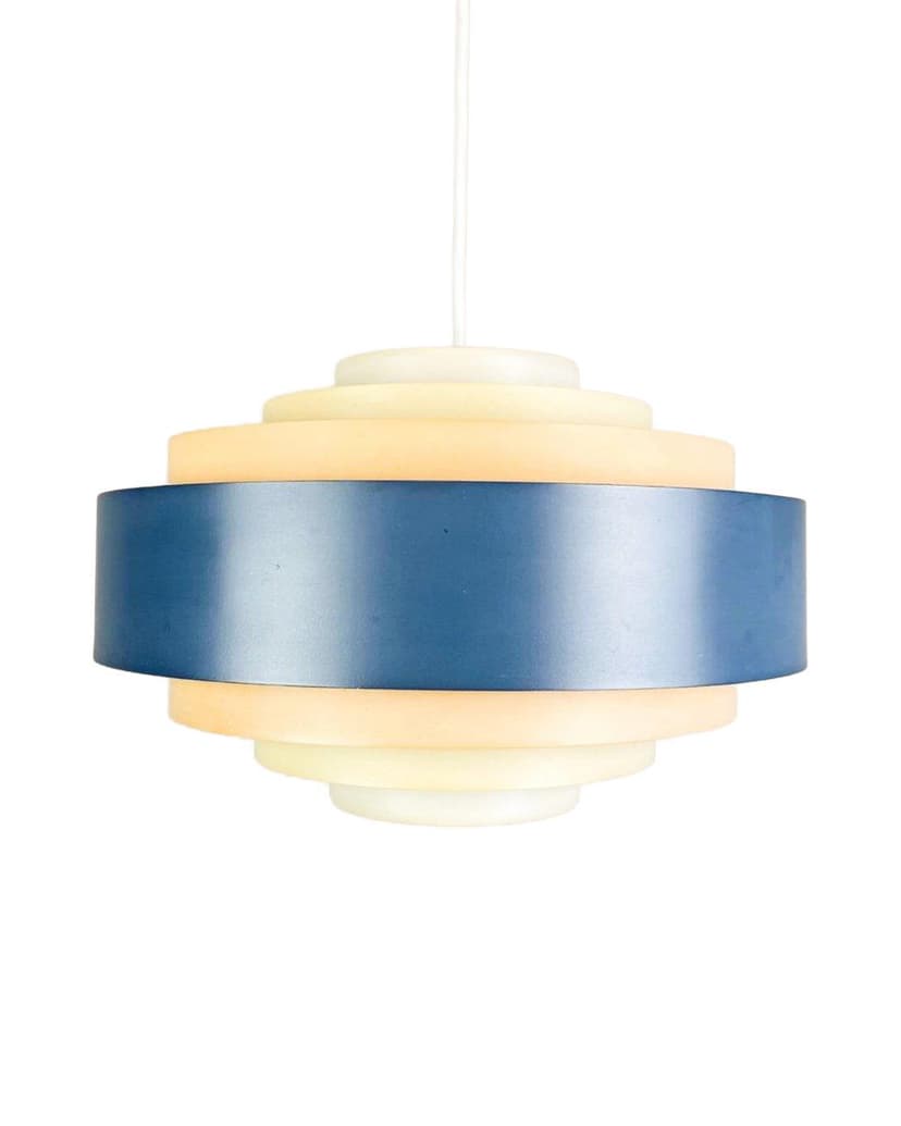Lampa wisząca Ultra, metal niebieski, plastik kremowy, proj. J. Hammerborg, Fog & Mørup, Dania, lata 60.