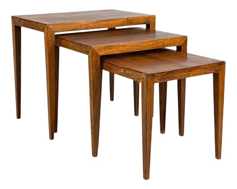 Set of three nesting tables, brown rosewood, by S. Hansen, Denmark, 1960s.
