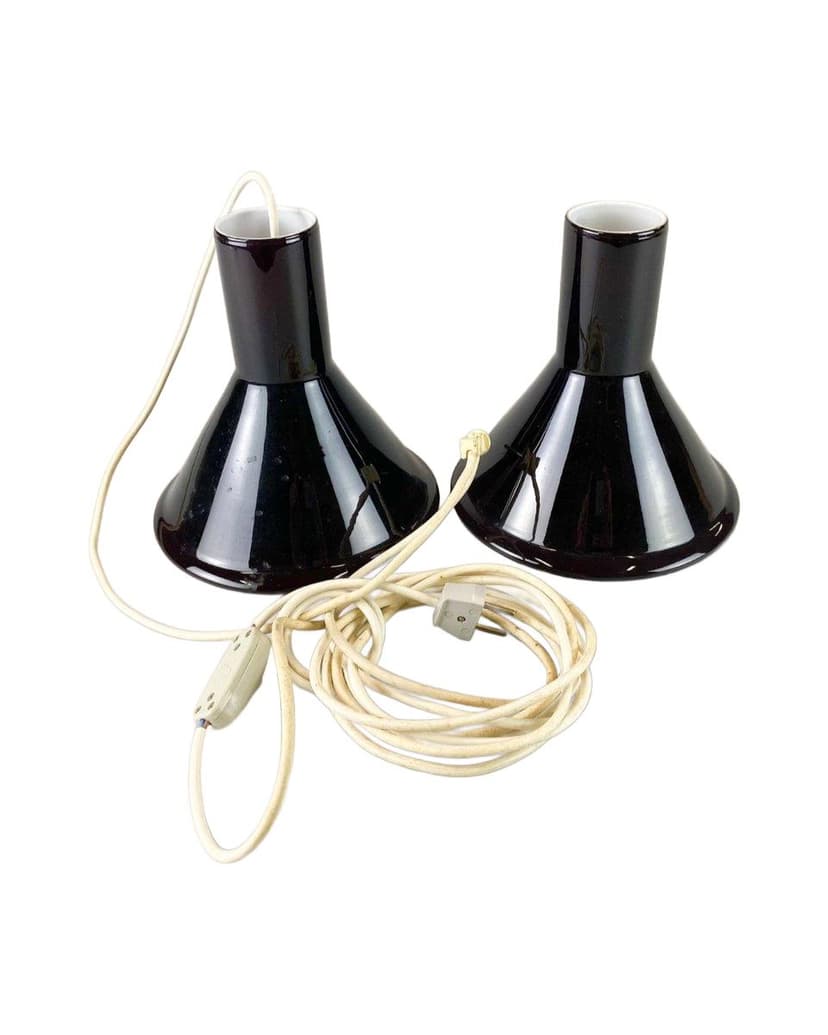 Zestaw dwóch lamp wiszących Mini P&T, szkło opalowe czarne białe, Holmegaard, Dania, lata 60.