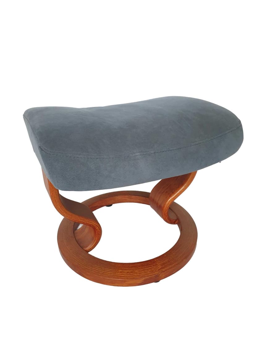 Ottoman footstool, blue-grey velvet, brown wood, Norway, 1980s.