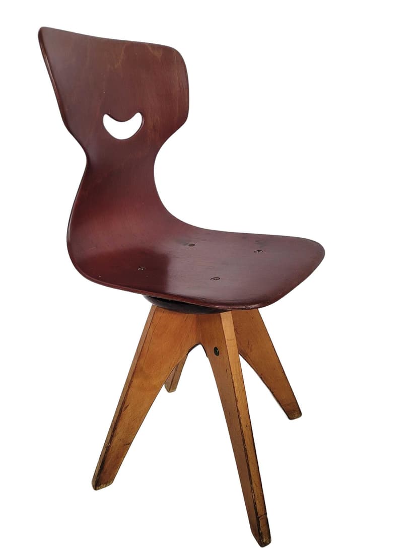 Desk chair, burgundy plywood, natural wood, by E. Flötotto, Germany, 1970s.