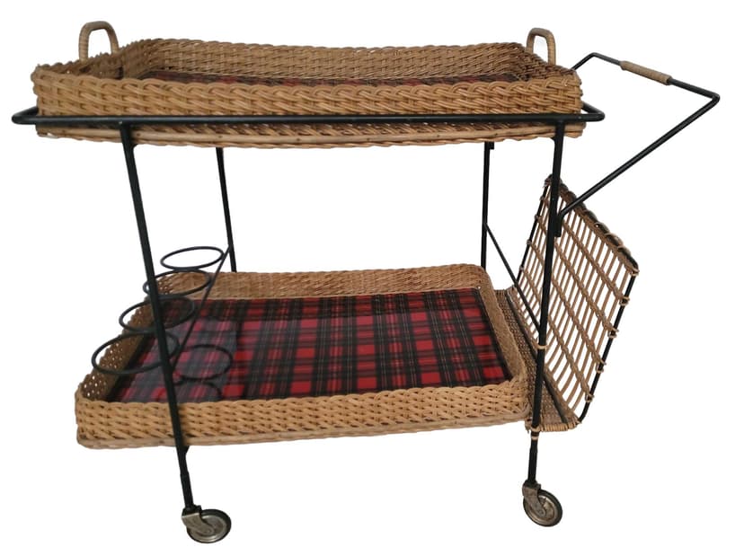Bar cart, black metal, brown wicker, Poland, 1970s.
