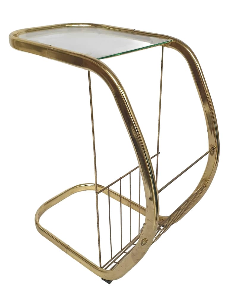 Side table with magazine rack, gold brass, transparent glass, 1970s