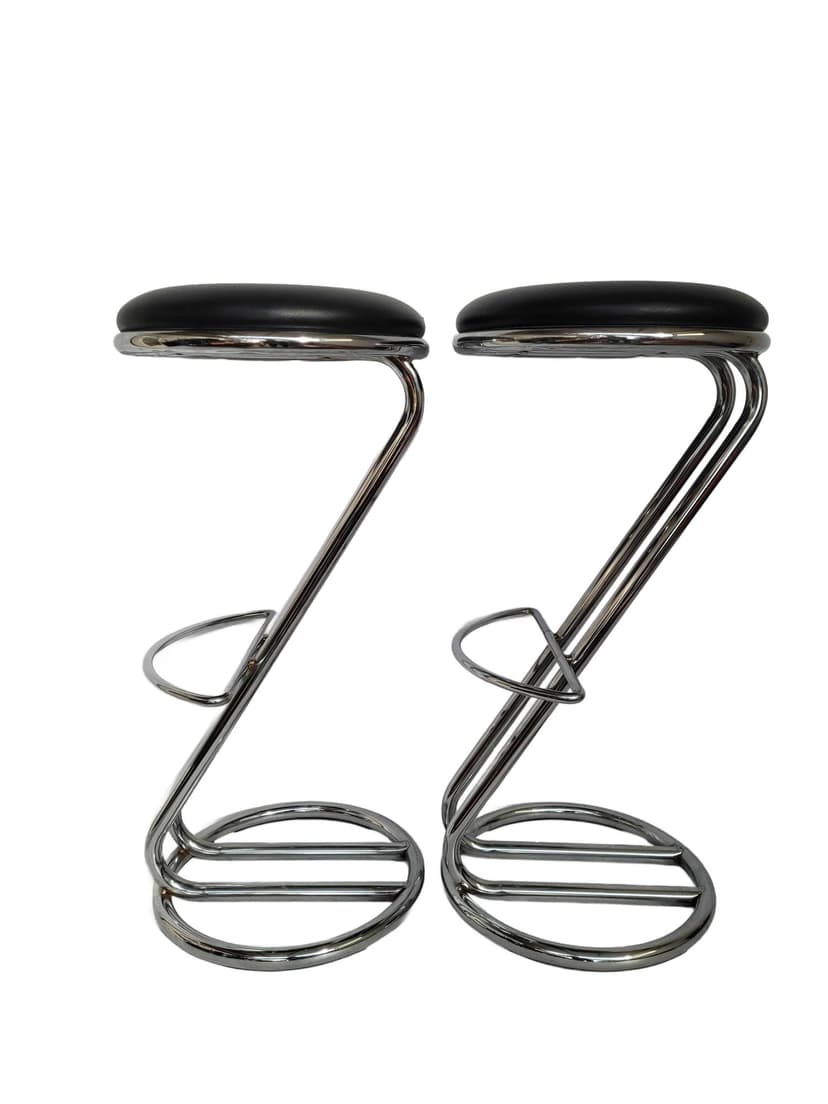 Bar Stool Bauhaus, black synthetic leather, chrome metal, 1970s.