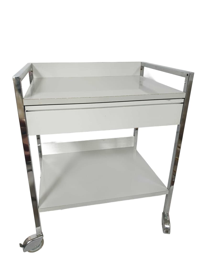 Bar cart, white plywood, silver chrome, Poland, 1970s.