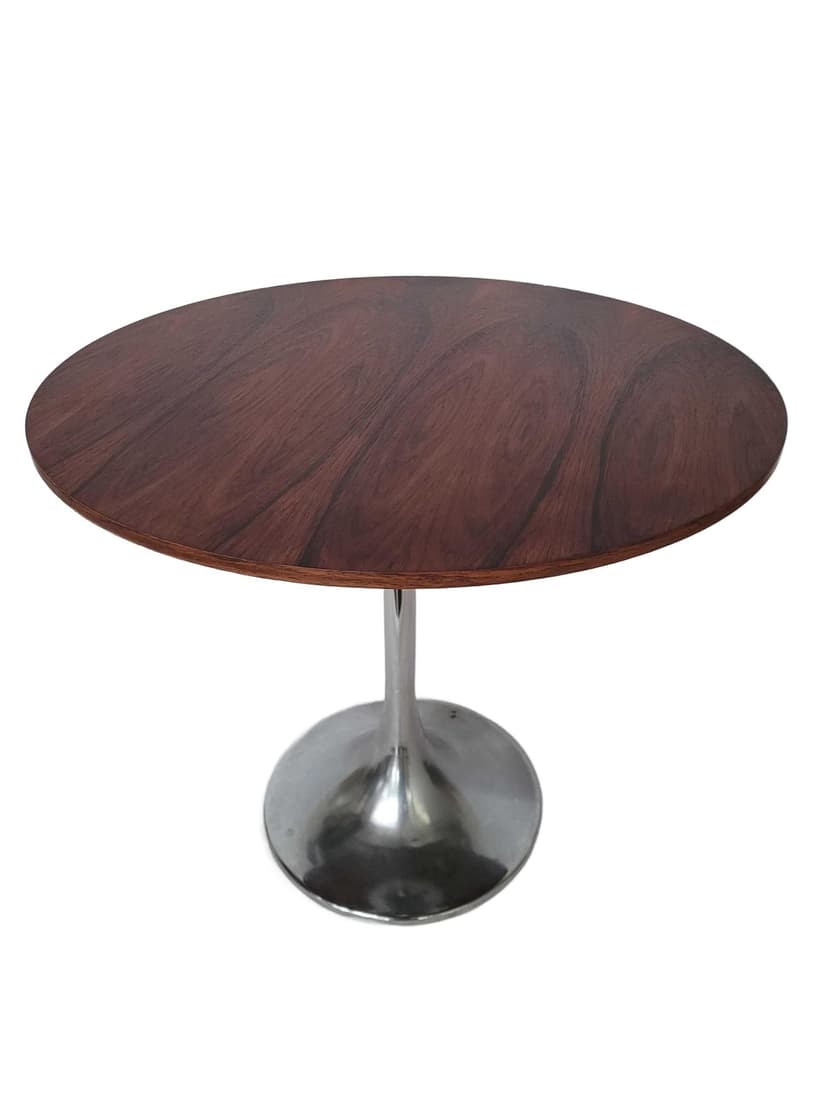 Side Table Tulip, Space Age, brown wood veneer, silver chrome, 1970s