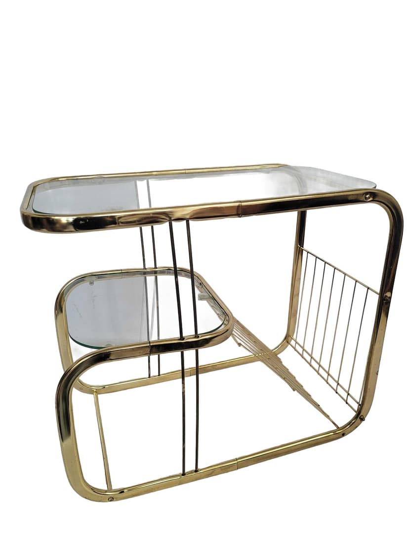 Side Table Magazine Rack Hollywood Regency, gold brass, transparent glass, 1980s.