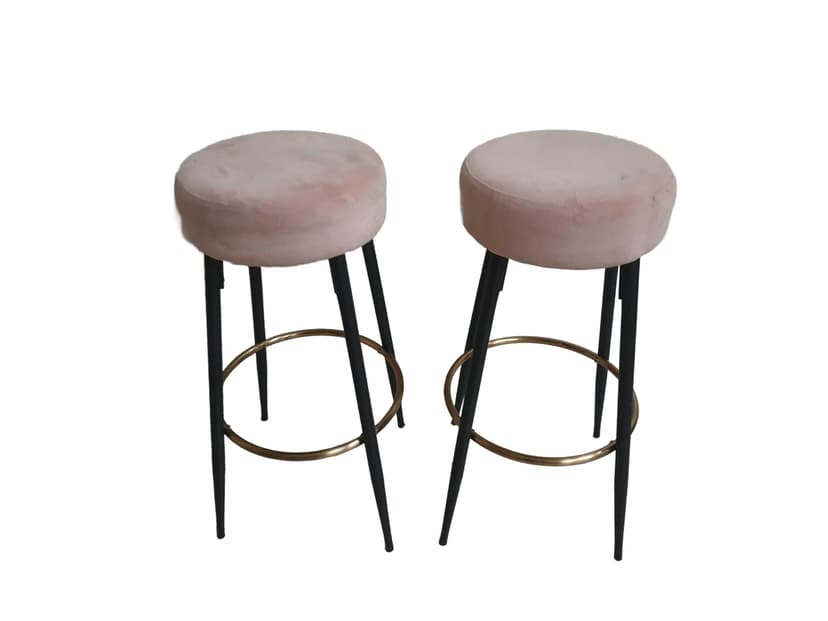 Bar Stool, pink velvet, black metal, gold ring