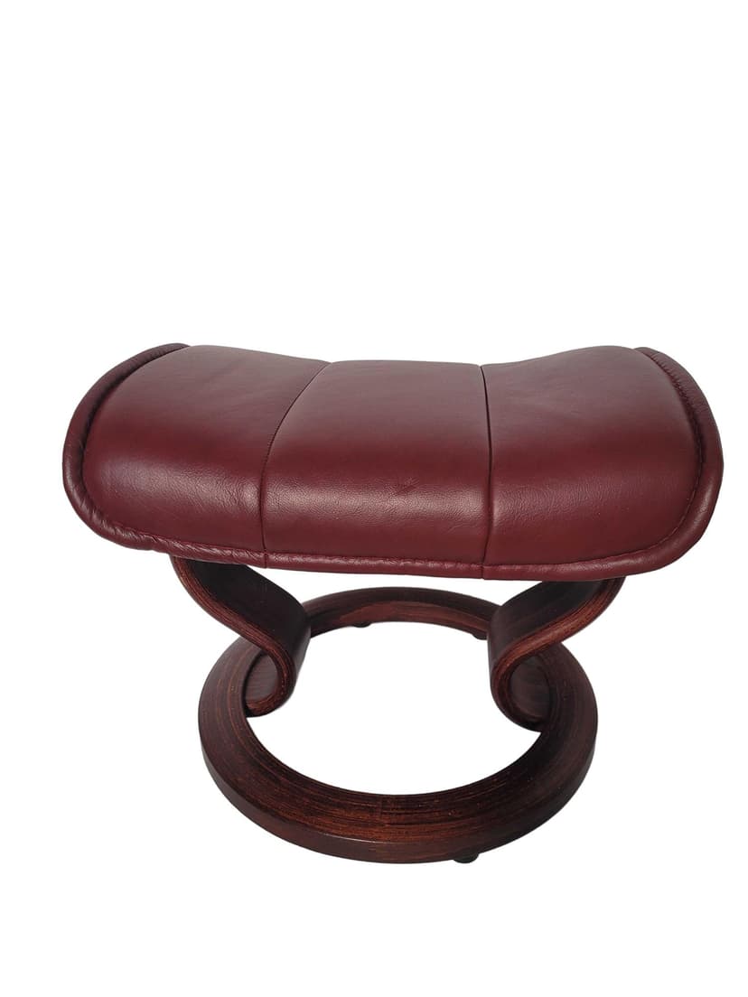 Ottoman Stressless, burgundy leather, brown wood, Scandinavia, post-1990